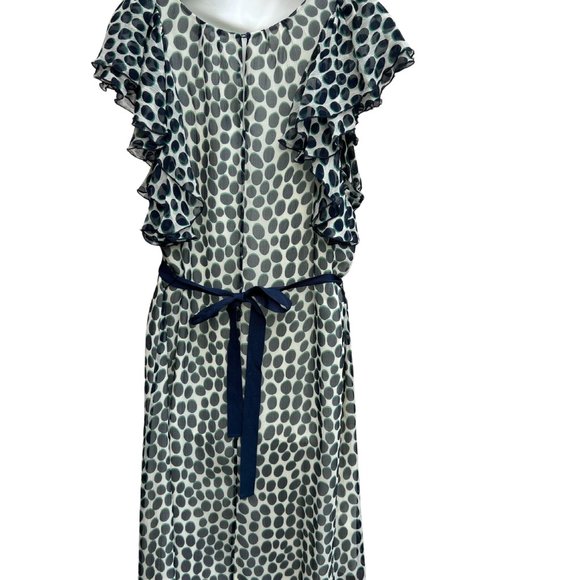 BCBGMaxAzria NWT Ruffle Sleeve Crew Neck Midi Polka Dot Dress Navy/Green Size L - Picture 2 of 12